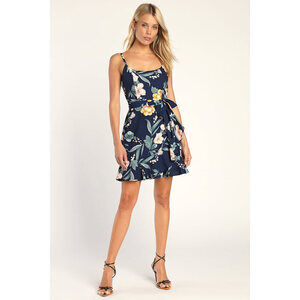 Lulus Wrapped Up In You Navy Blue Floral Print Faux-wrap Mini Dress - Size S